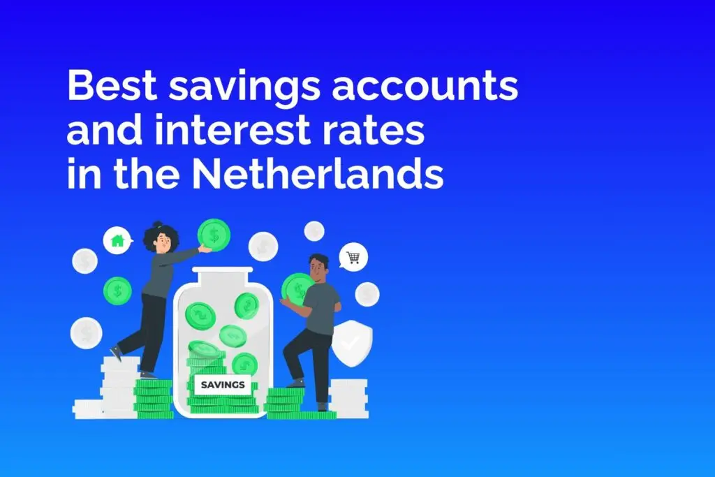 Graphic-of-text-about-best-savings-accounts-in-netherlands-with-rendered-image-of-two-people-putting-coins-in-jars